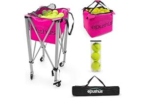 EPUSHUS Pro Tennis Ball Hopper Holds 165 Tennis Balls - Heavy-Duty Ball Basket - Portable, Compact and Lightweight Tennis Ball Carrier with Wheels - 3 Balls and Premium Carry Bag Included