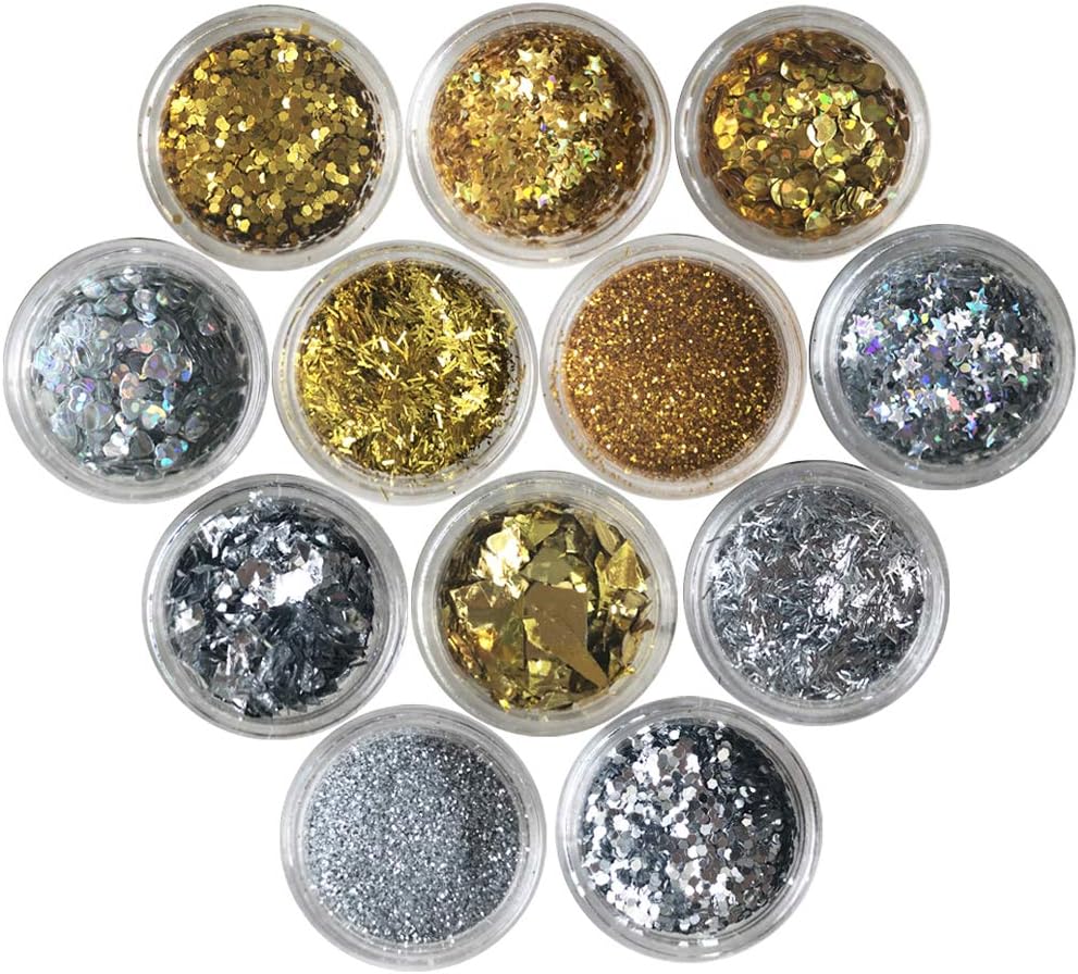 Nail Glitters Nail Art Flakes 12 Boxes Various Styles Chunky Cosmetic Glitter Hexagon Festival Sequins for Face Body Hair and Eye Make Up (Gold+Silver)