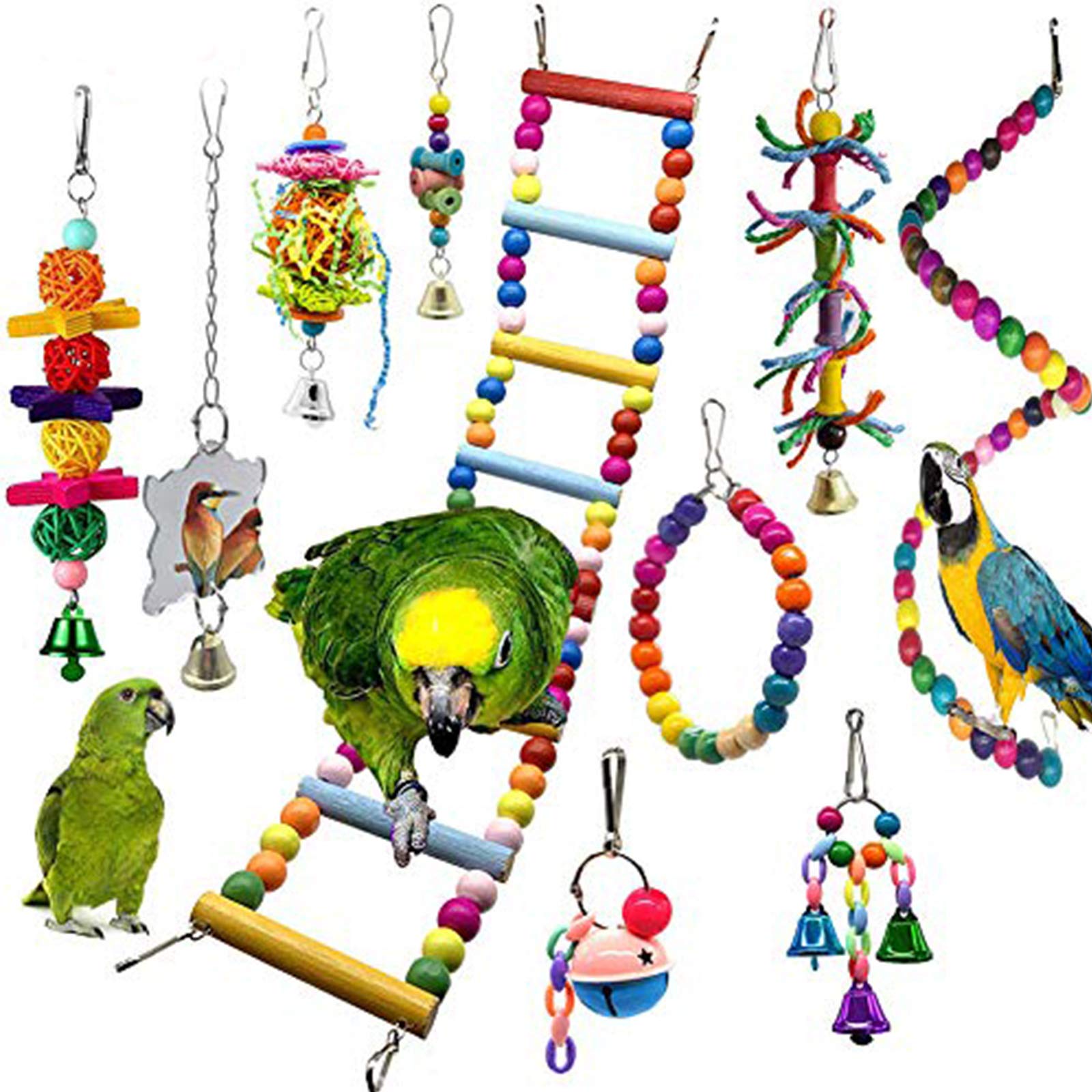 JannahMehr Bird Toys,10Pcs Pet Bird Parrot Bell Rattan Ball Cotton Rope Stair Hanging Cage Chew Toy for Parrots, Parakeets, Macaws, Cockatiels, Lovely Birds - Random Color