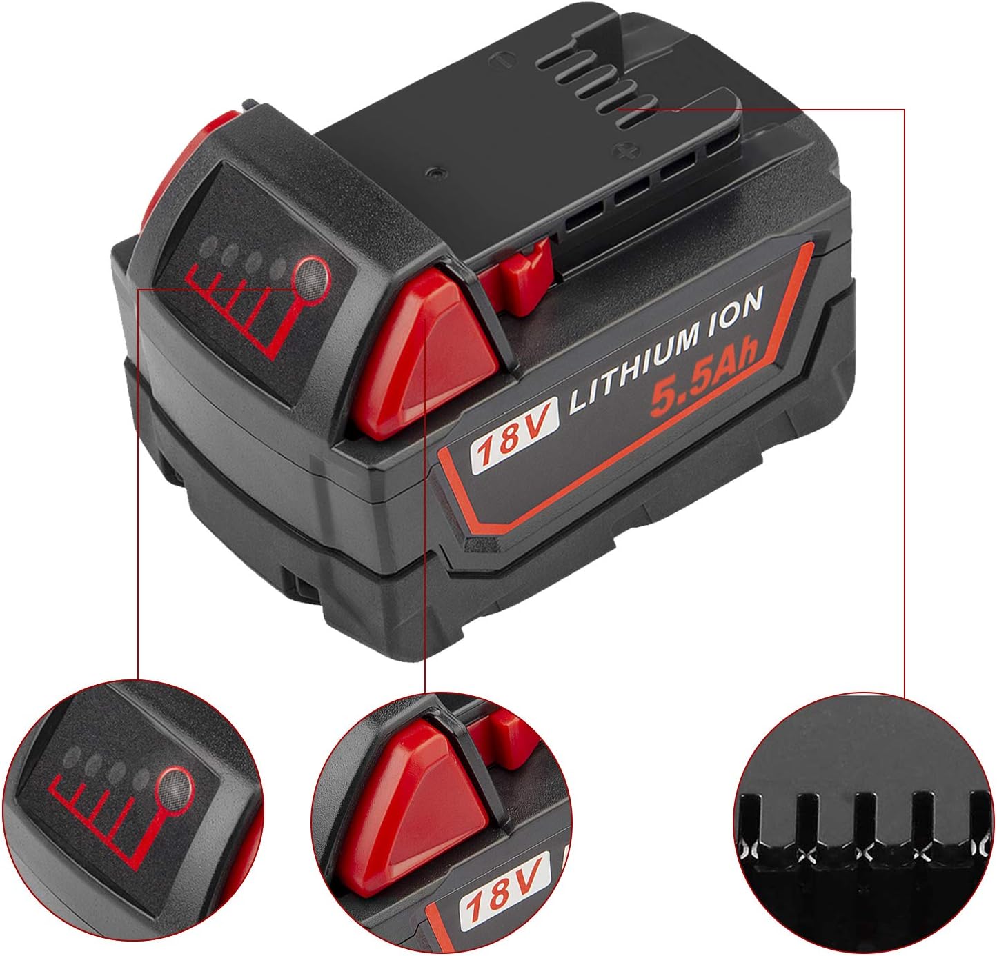 LabTEC 2 Packs 18V 5500mAh Lithium Battery Replacement for Milwaukee 18V Battery for M18 48-11-1840 48-11-1828 48-11-1820 48-11-1815 48-11-1850 Cordless Power Tool BATTERY - Image 3