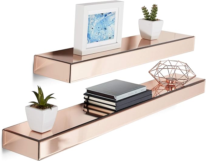 Beautify Set of 2 Rose Gold Mirrored Furniture Shelves Floating