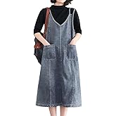 ebossy Women's Sleeveless V Neck Denim Overall Jumper Dress Casual Loose Double Spaghetti Straps Midi Jean Dress