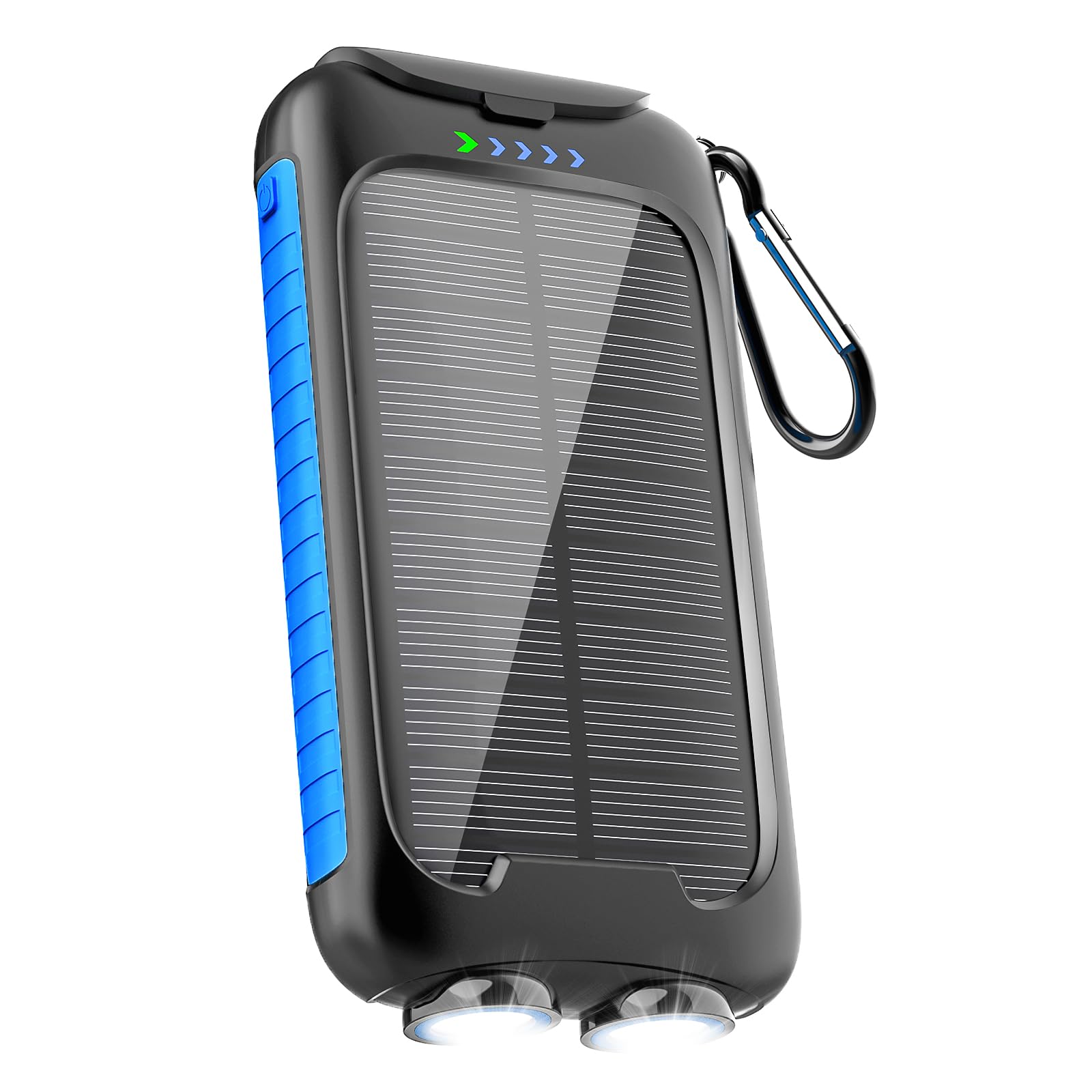 Solar Power Bank Portable Charger 15W Fast Charging with USB-A and USB-C Ports Battery Bank Compatible with iPhone, Samsung, Waterproof, Emergency LED Flashlights for Camping, Hiking, Dark Blue