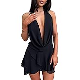 GOKATOSAU Women's Sexy Halter Plunge V Cowl Neck Low Open Back Irregular Ruffle Hem Mini Dress