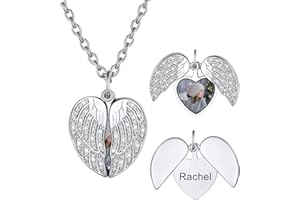 U7 Memorial Custom Lockets Necklaces for Women, Dainty Locket Pendant with Angel Wing in Gold/Silver/Black, Personalized Phot