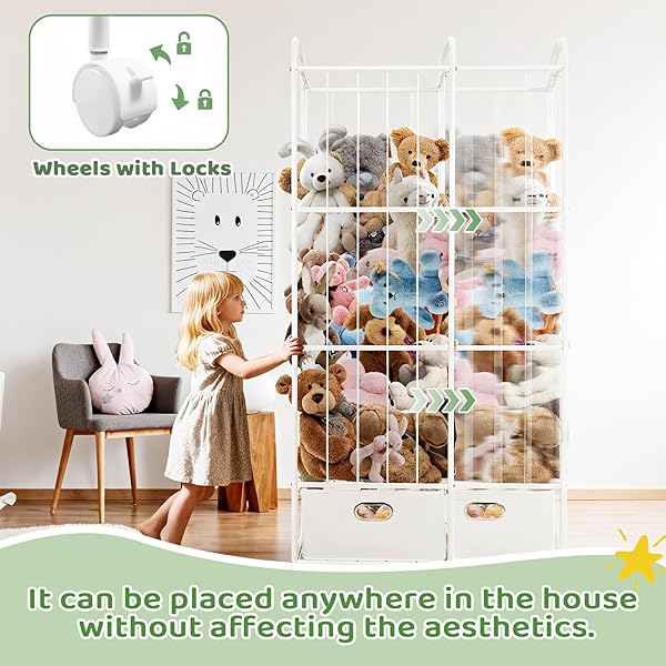 PUPPILUV STUFFED ANIMAL STORAGE, METAL STUFF ANIMALS ZOO HOLDER WITH FABRIC DRAWER AND WHEELS TALL VERTICAL PLUSHIES TOY ORGANIZER PLUSH STORAGE CAGE WITH ELASTIC BAND FOR NURSERY PLAYROOM CORNER
