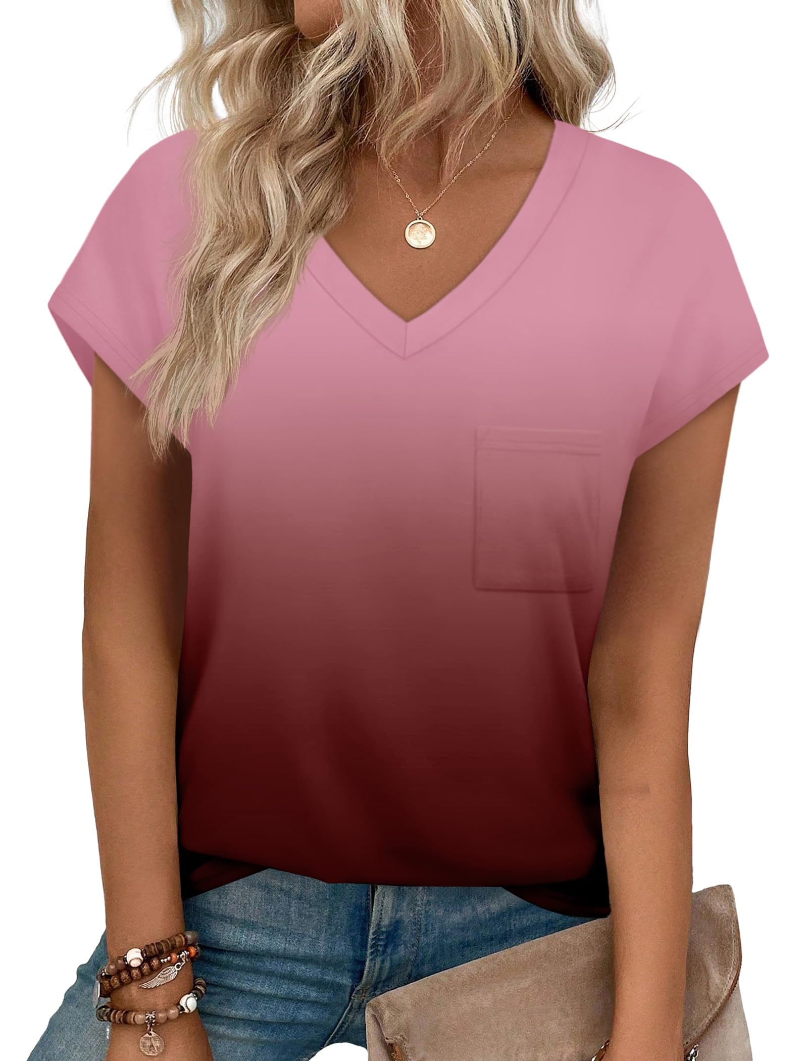 Photo 1 of **NEEDS TO BE WASHED** T-shirt for Women V-neck Summer Tops Trendy 2025 Spring Flowy Casual Vacation Outfits Travel with Pocket Tees Gradient Burgundy XL
