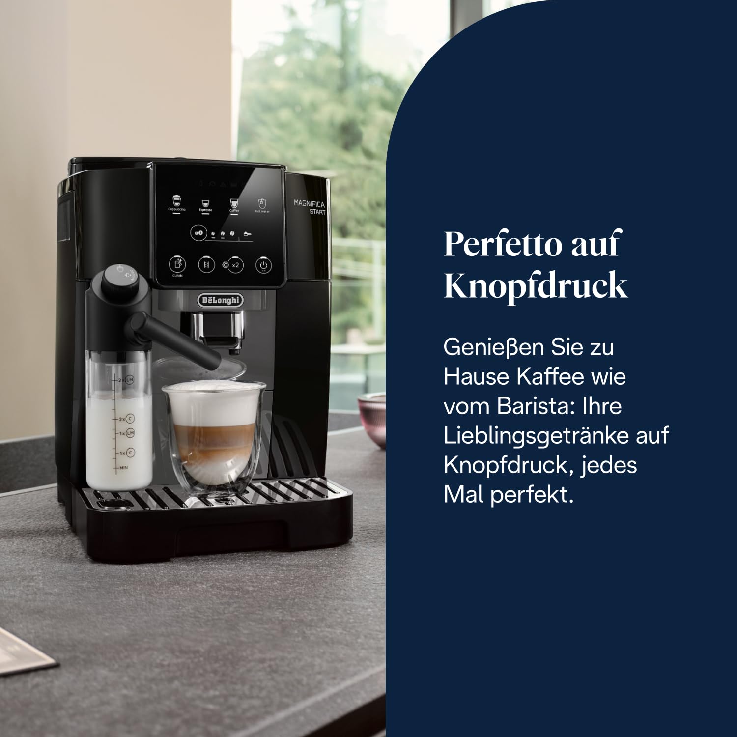 De'Longhi Magnifica Start - Perfetto Kaffeevollautomat mit LatteCrema-Milchaufschäumer, 4 One-Touch-Getränke, Cappuccino Kaffeemaschine, Soft-Touch-Bedienfeld, Schwarz-Grau (ECAM222.60.BG) 2