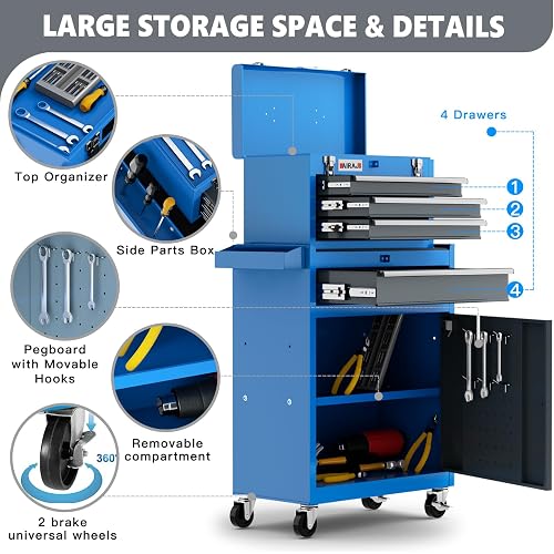 DURHAND 4-Drawer Rolling Tool Chest – Blue Steel Cabinet With Wheels, 286 Lbs Capacity, EVA Lined Drawers