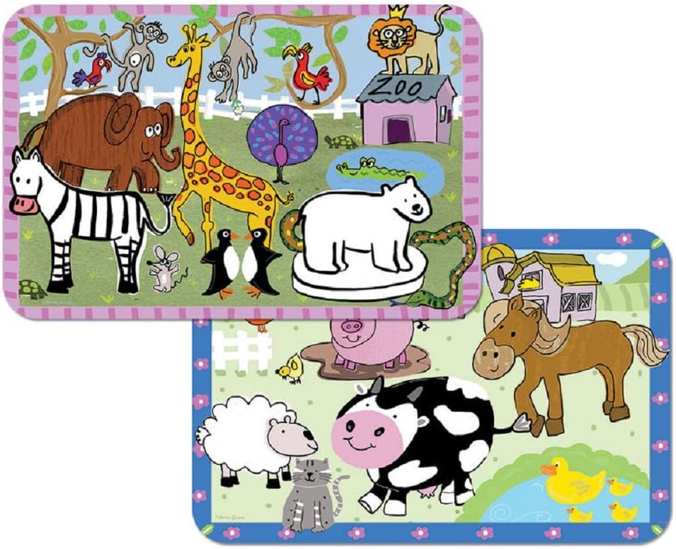 SBF Kid's Farm and Zoo Animals Reversible Washable Placemats Set of 2 Vinyl