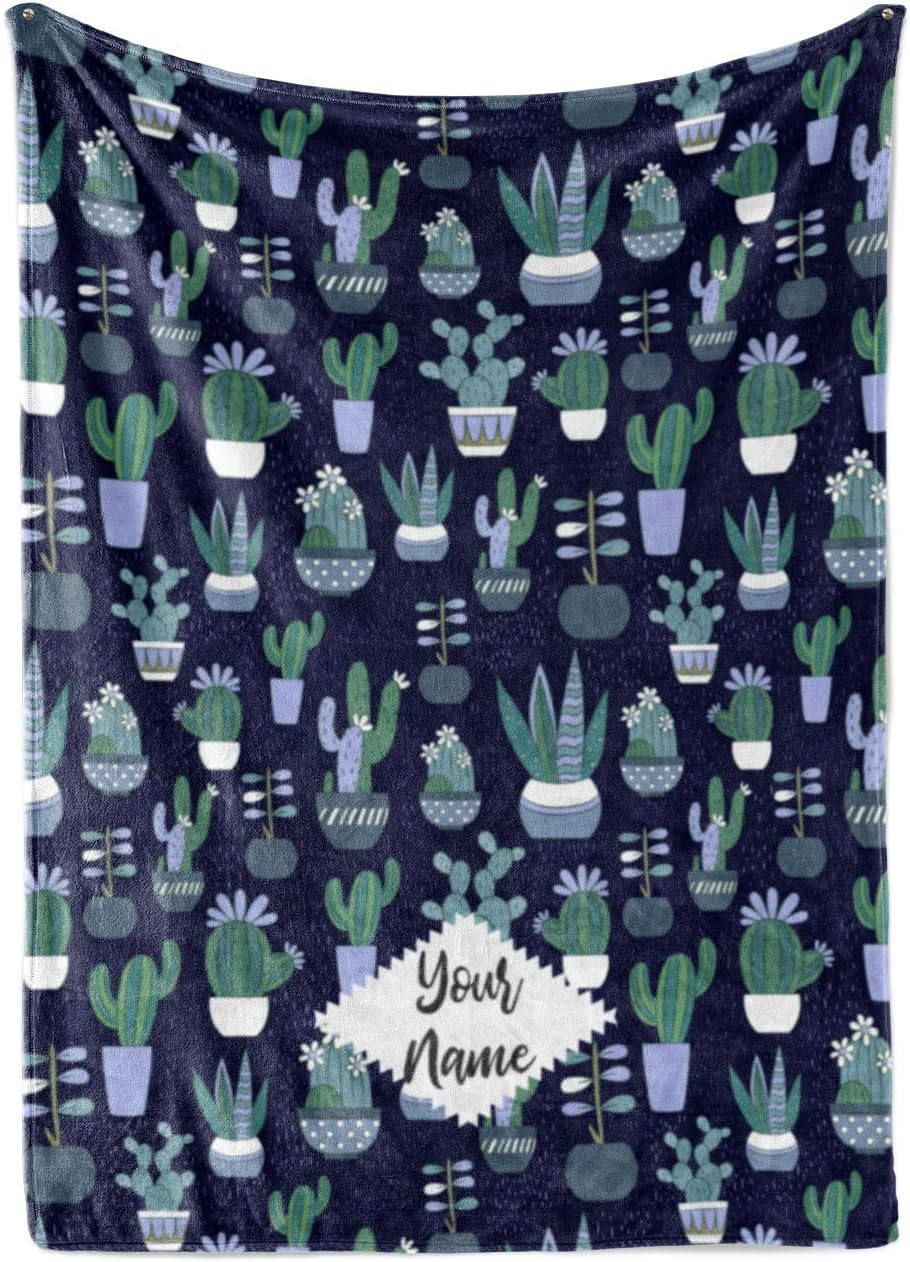 Personalized Potted Cactus and Succulent Theme Fleece Throw Blanket Plush Blankets for Women, Men, Kids, Toddlers, Babies, Bedroom Decor (50" x 60" - Sherpa Gray)