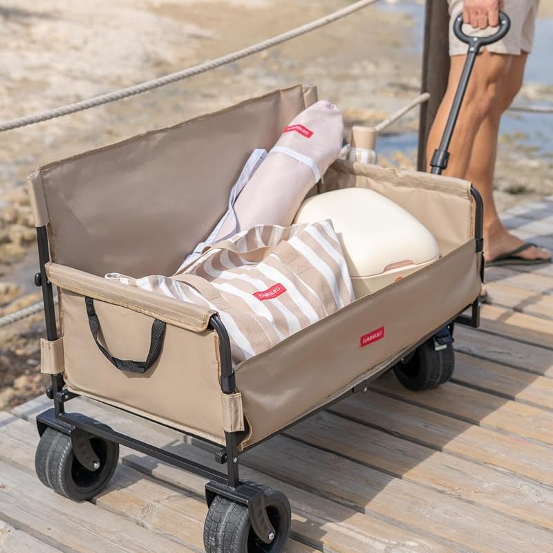 Carro Playa - Plegable con Ruedas - Giro 360º - Bolsa para Protección - Poliéster y Acero - 57x99x73cm - Beige