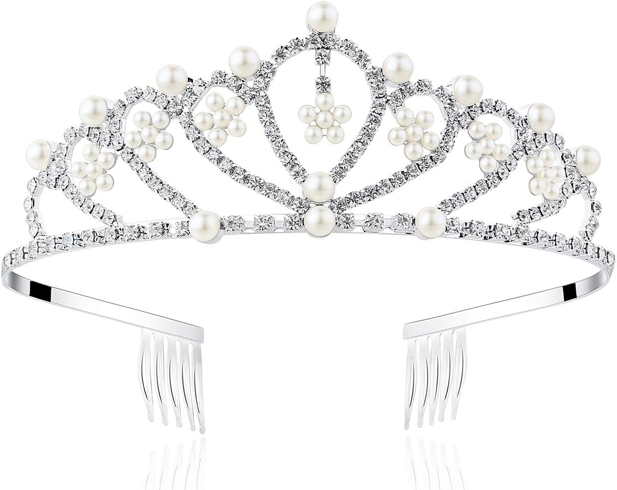 Silver Plated Metal Pearl Flower Rhinestone Studded Bridal Tiara with Comb for Women