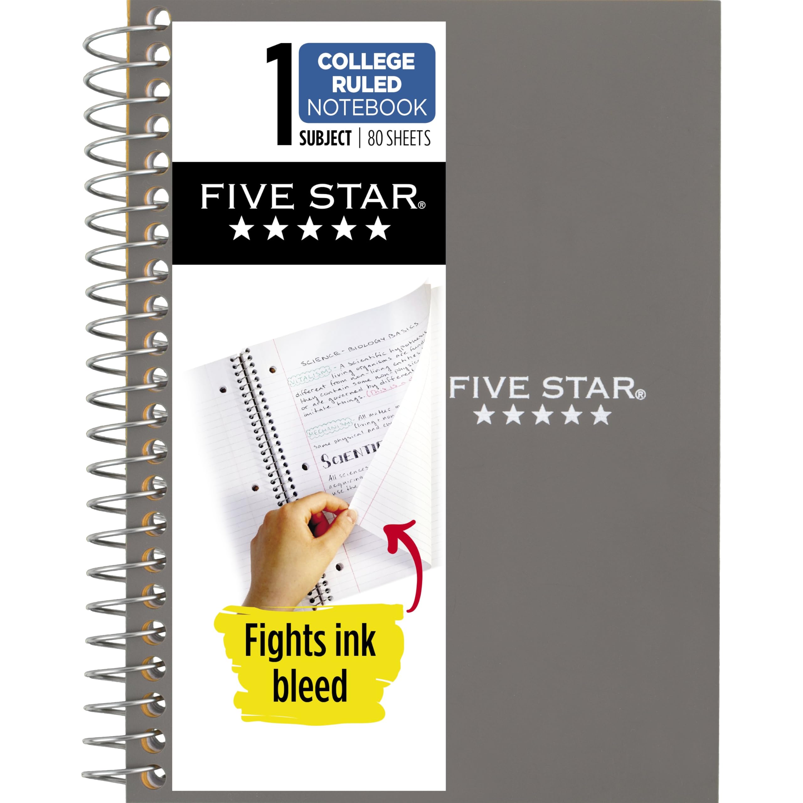 Photo 1 of Five Star Spiral Notebook, 1 Subject, College Ruled Paper, Personal Size, 4-3/8" x 7", 80 Sheets, Fights Ink Bleed, Water Resistant Cover, Gray (450048AA3-ECM)