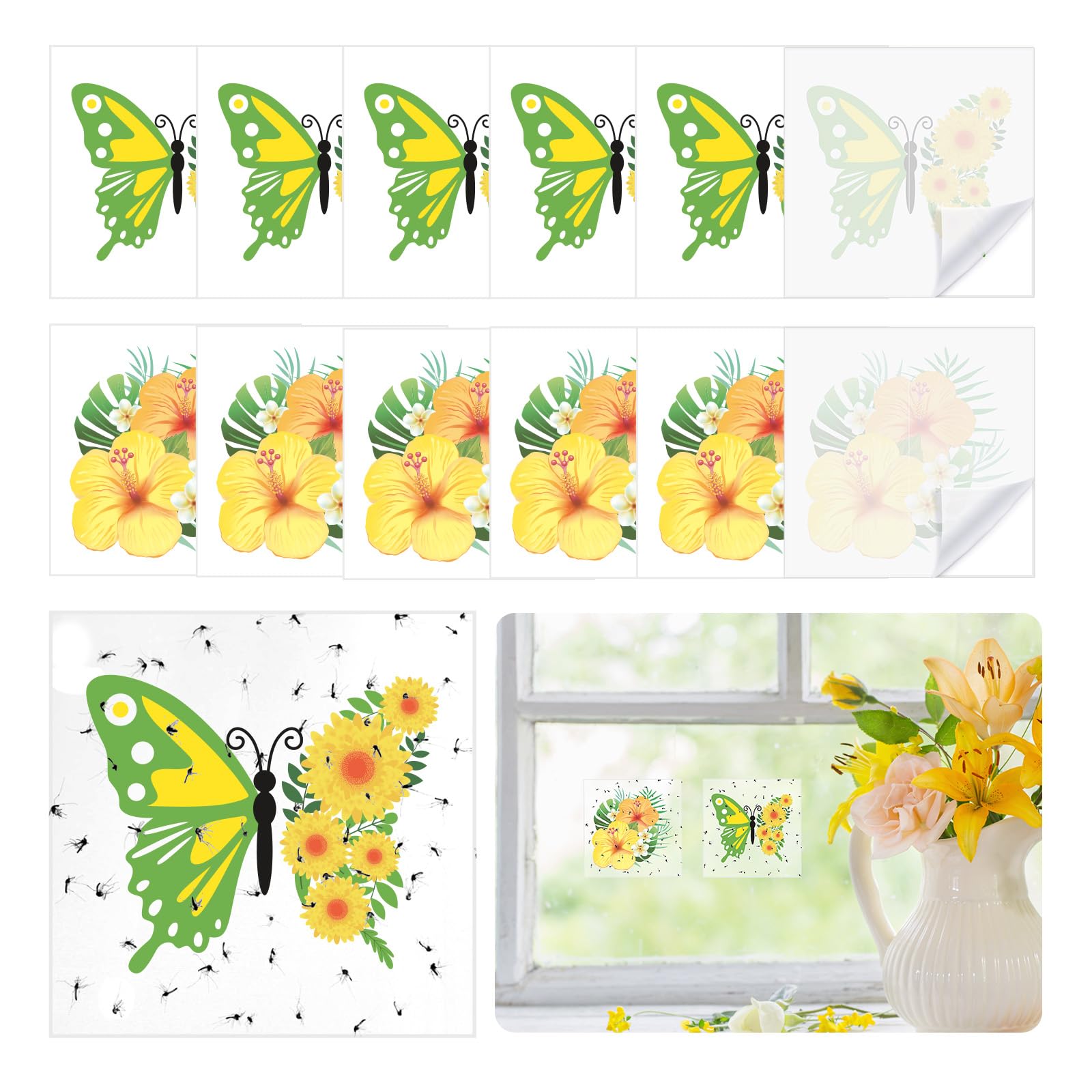 HONMOK 50Pcs Window Fly Traps Indoor for Home Use, Butterfly Flower Style Window Fly Stickers Fly Killer Window Sticker Fruit Fly Catcher Insect Flies Wasp Pest Killer Sticky for House Home Use