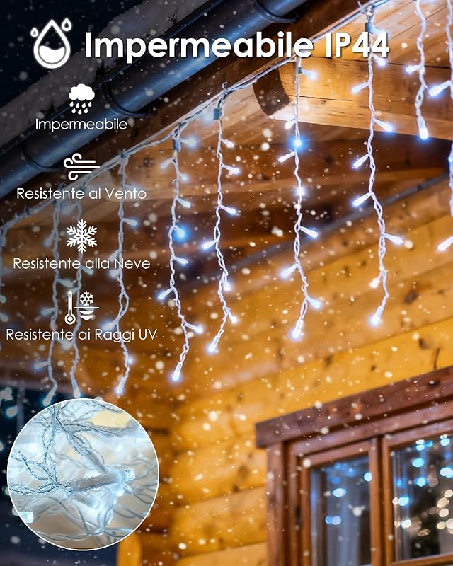 Luci di Natale da Esterno Cascata 10m 400led Bianco Freddo, Tenda Luminosa con RF Telecomando, 8 Modalità + 4 Luminosità + Timer, Luci Led Natale per Balcone Terrazza Giardino — foto 5 di 7