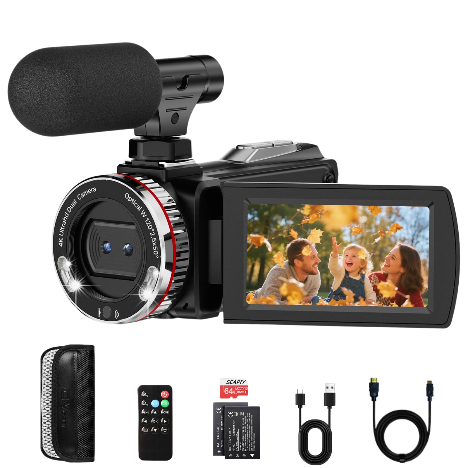 ZIMOCE 4K 60FPS Video Camera Camcorder with HDMI Cable, 48MP Vlogging Camera for YouTube, Dual Lens Camera Recorder, 21X Zoom Rotatable Screen Video Recorder with Mic, 2 Batteries &64GB Card (Small)