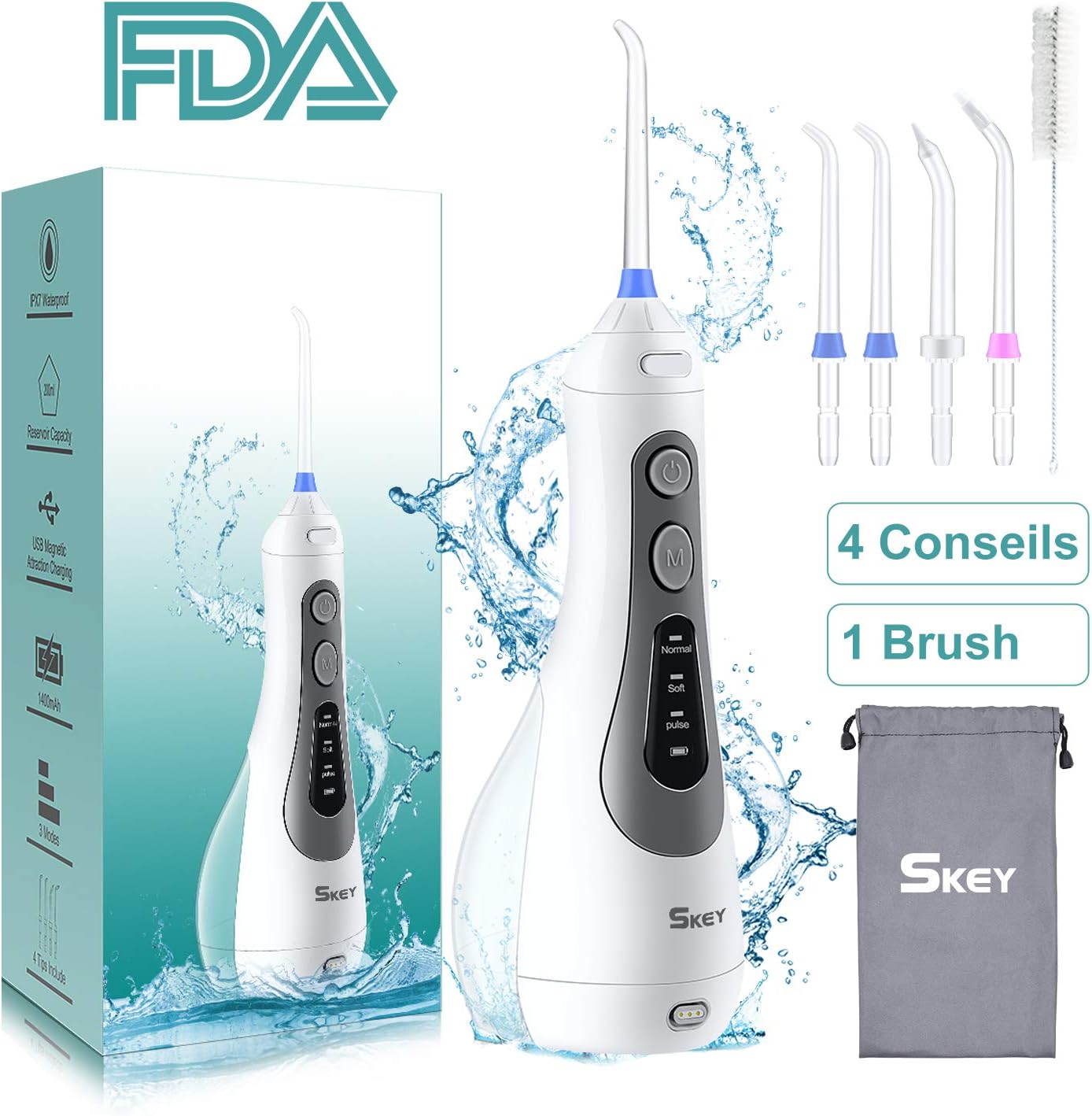 Water Flosser for Teeth,SKEY Oral Irrigator Floss Water with 4 Jet,3 Modes,Cordless Dental Flosser Teeth Cleaner for Braces,360 Degrees Rotatable Nozzle,Easy Effective Clean Teeth,IPX7 Waterprof Body