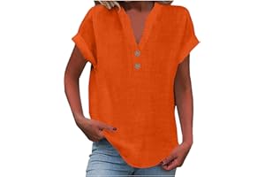FLOLEO Linen Shirts for Women V Neck Button down Blouse Short Sleeve Office Work Tops Vintage Vacation Tees Shirt Blouse Tops