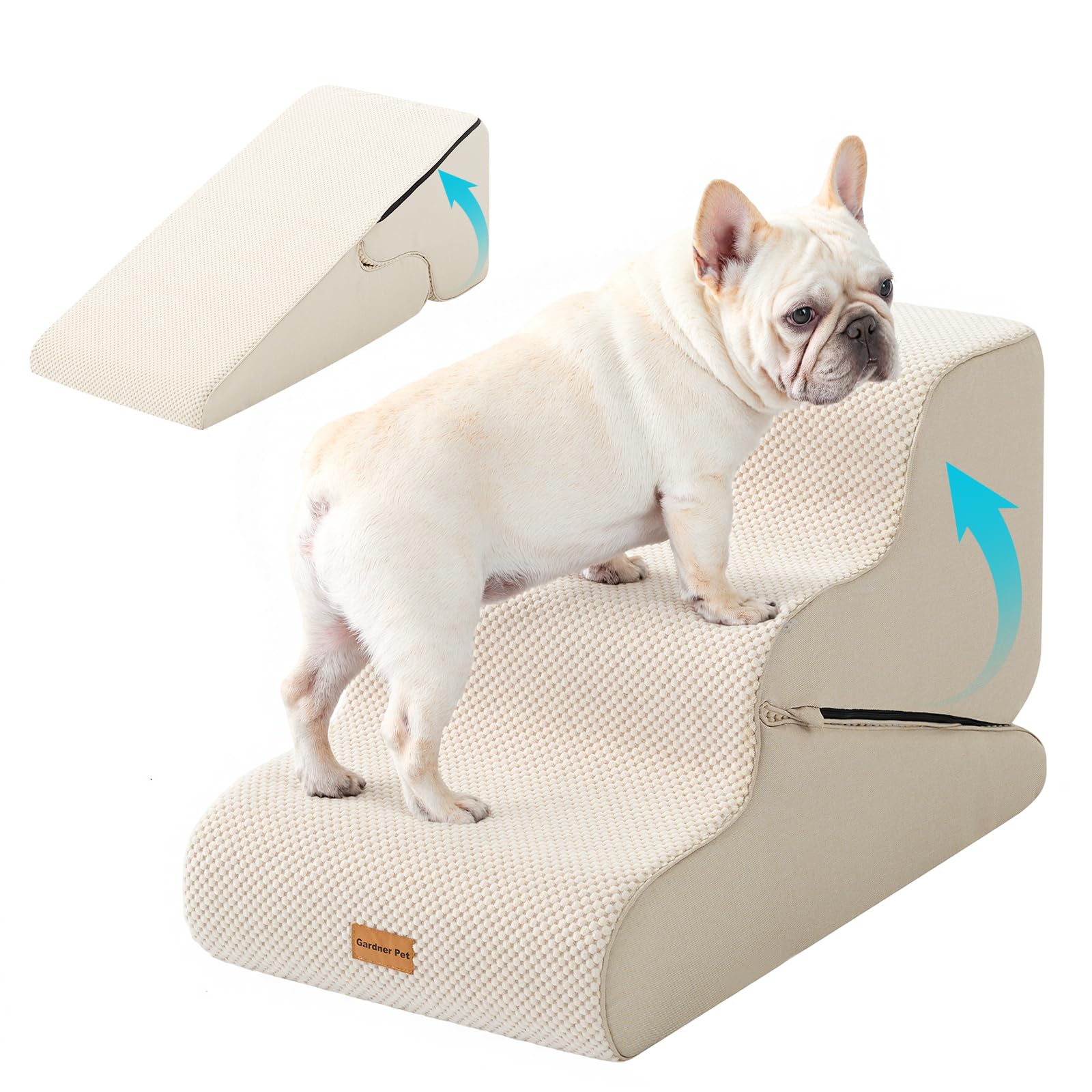 Photo 1 of Gardner Pet Dog Stairs for Small Dogs 16.5" H, 2 in 1 Transformable 3-Step Pet Stairs and Dog Ramp for Couch (13-20 in), Beige Adjustable Pet Steps with Non-Slip Waterproof Cover and CertiPUR-US Foam