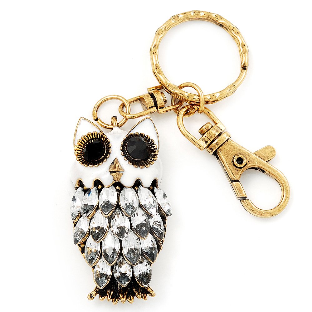 Avalaya Cute White Enamel Diamante Owl Keyring/Bag Charm (Burn Gold Plated Metal)