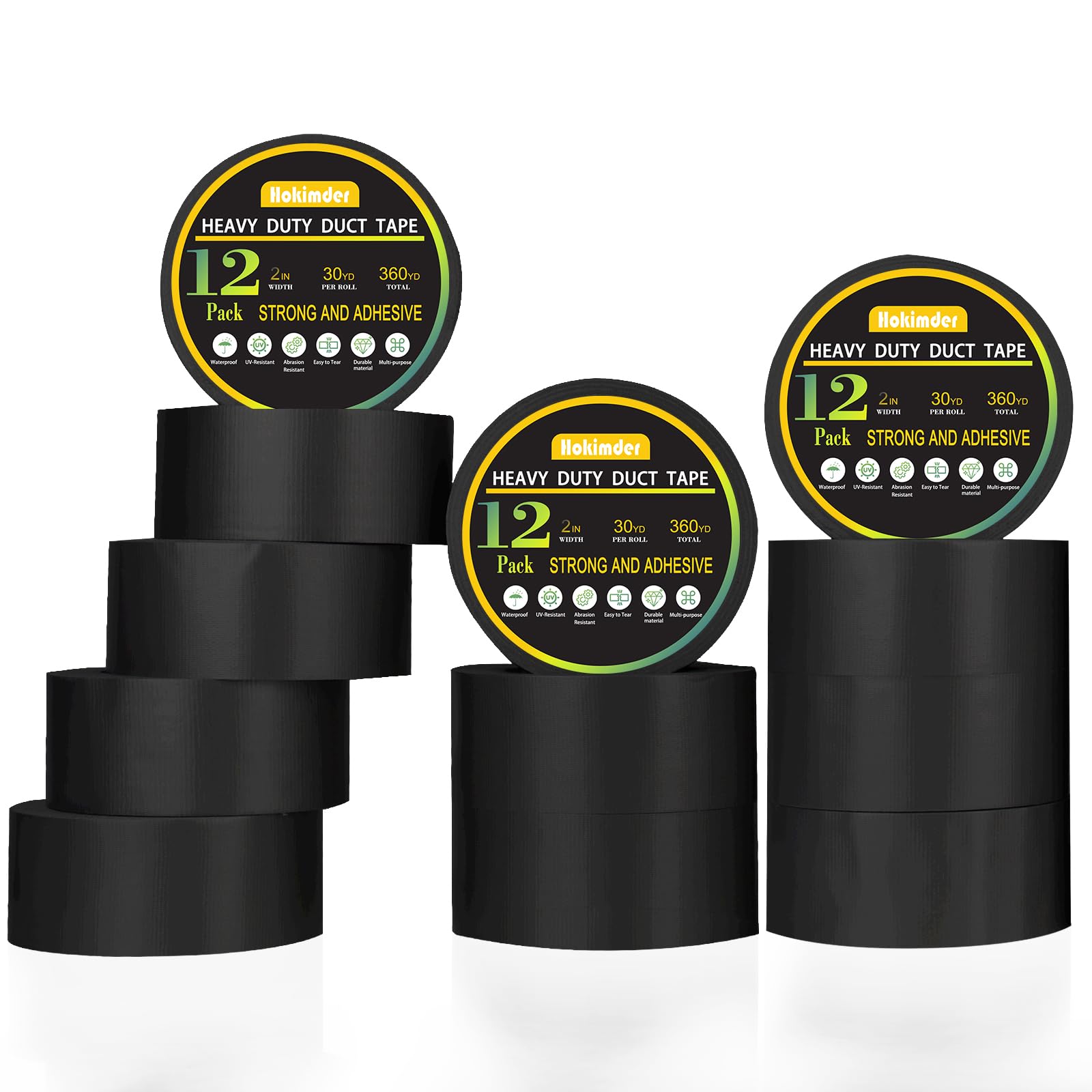 Hokimder 12 Pack Black Duct Tape Bulk, 2 Inch × 30 Yards Duct Tape
