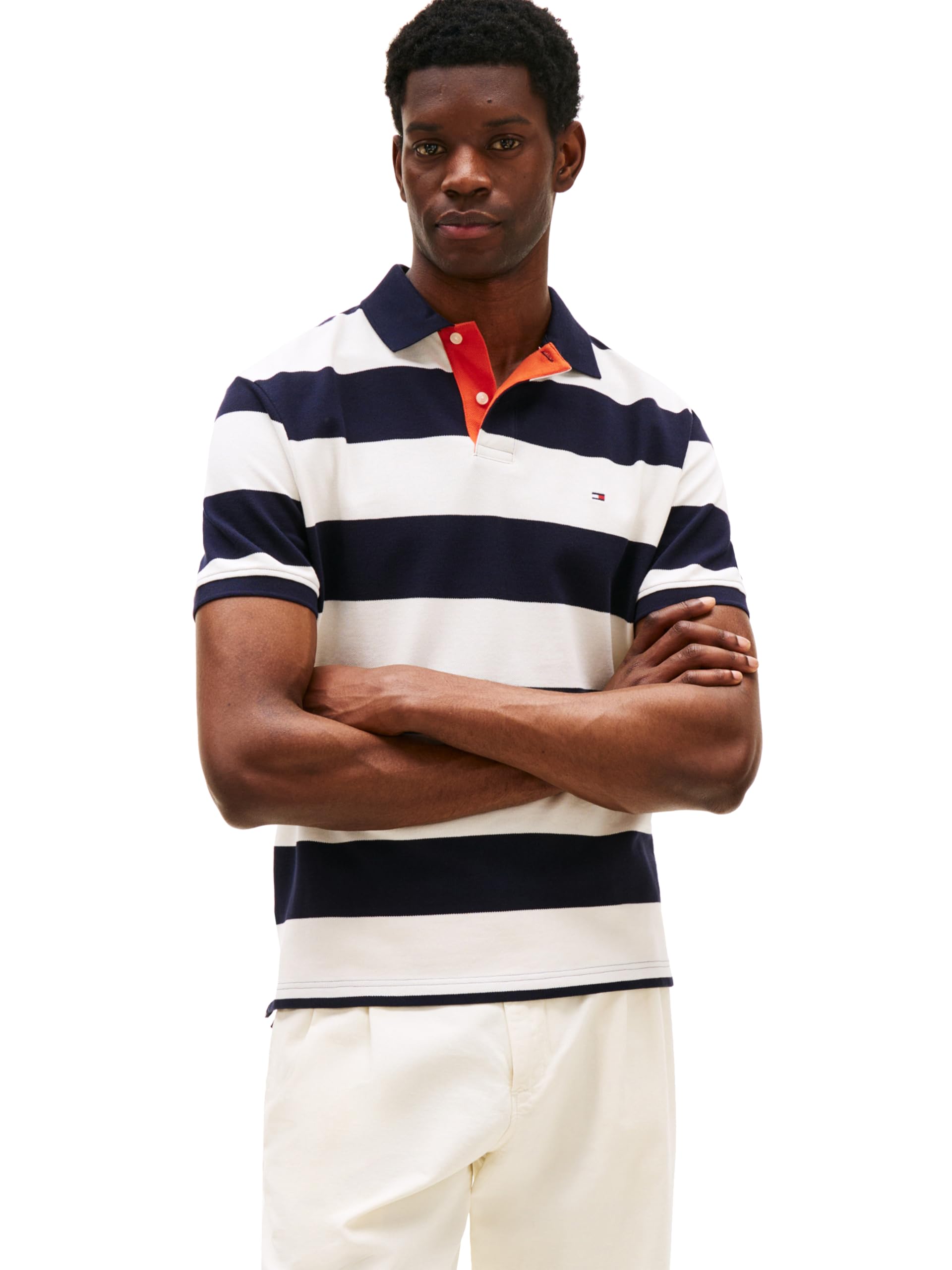 Tommy Hilfiger Men’s Contrast Stripe Regular Short Sleeve Polo, Desert Sky/Ivory Petal Medium