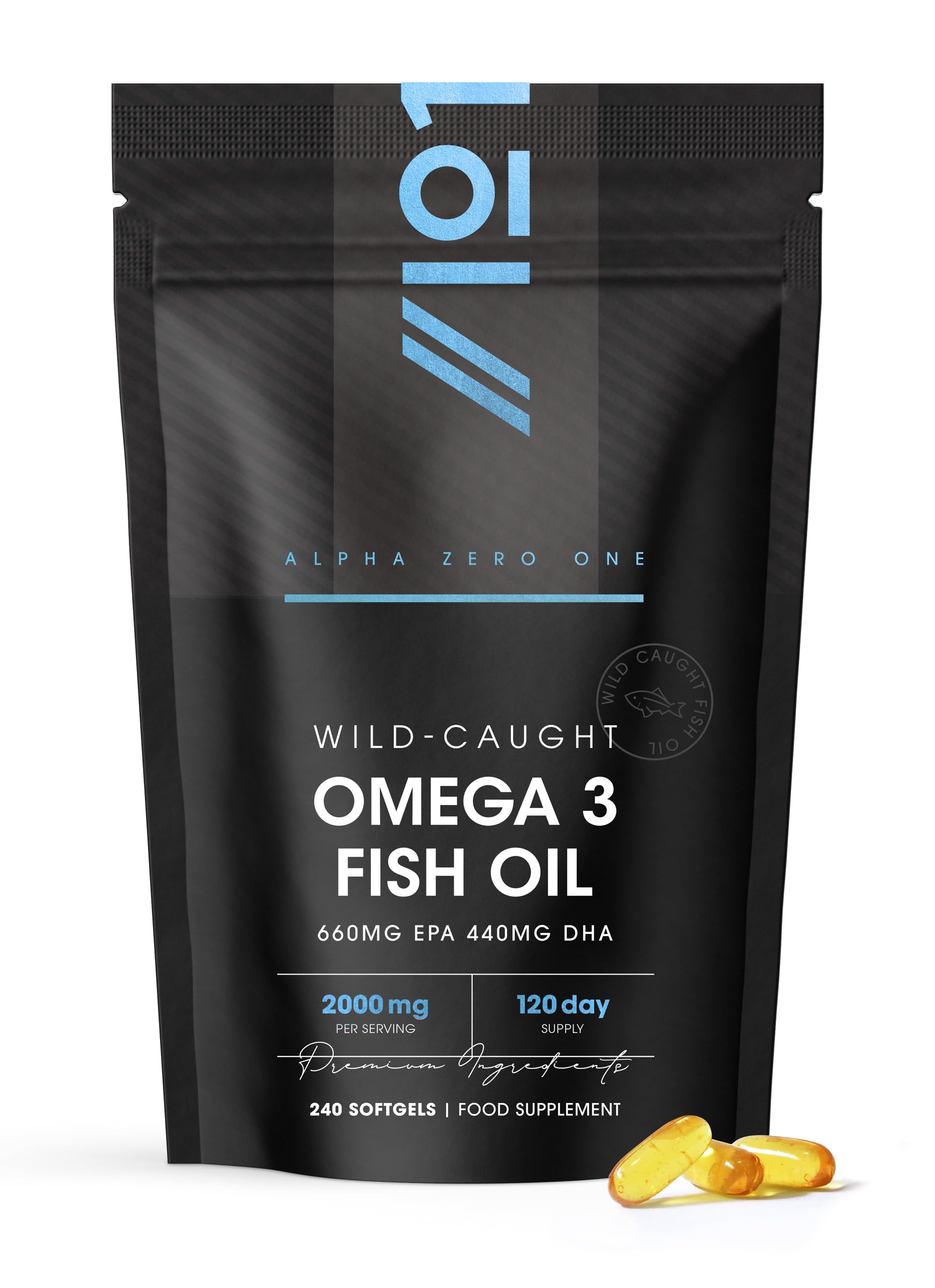 Omega 3 Wild-Caught Fish Oil 2000mg - 660mg EPA 440mg DHA - 240 Softgels - No Additives — Resealable and Recyclable Pouch by Alpha01