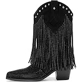 AIJIVOU Women's Rhinestone Fringe Cowgirl Ankle Boots, Sparkly Western Cowboy Boots Pointed Toe Knee Block Chunky Middle Heel Pull On Bling Tassel Booties for Women Girl Party