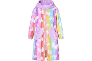Funnycokid Girls Robe Kids Hooded Bathrobe Zip Fleece Fuzzy Soft Pajamas Plush Sleepwear 4-14 Years