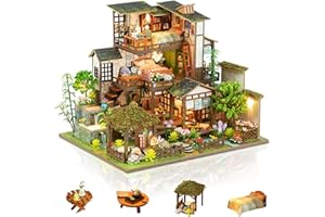 Foyucool Miniature House Kit, Tiny House Kit with Light, DIY Mini House Building Kits for Adults to Building, Unique Gift for Birthday Christmas, Bamboo Spring Courtyard