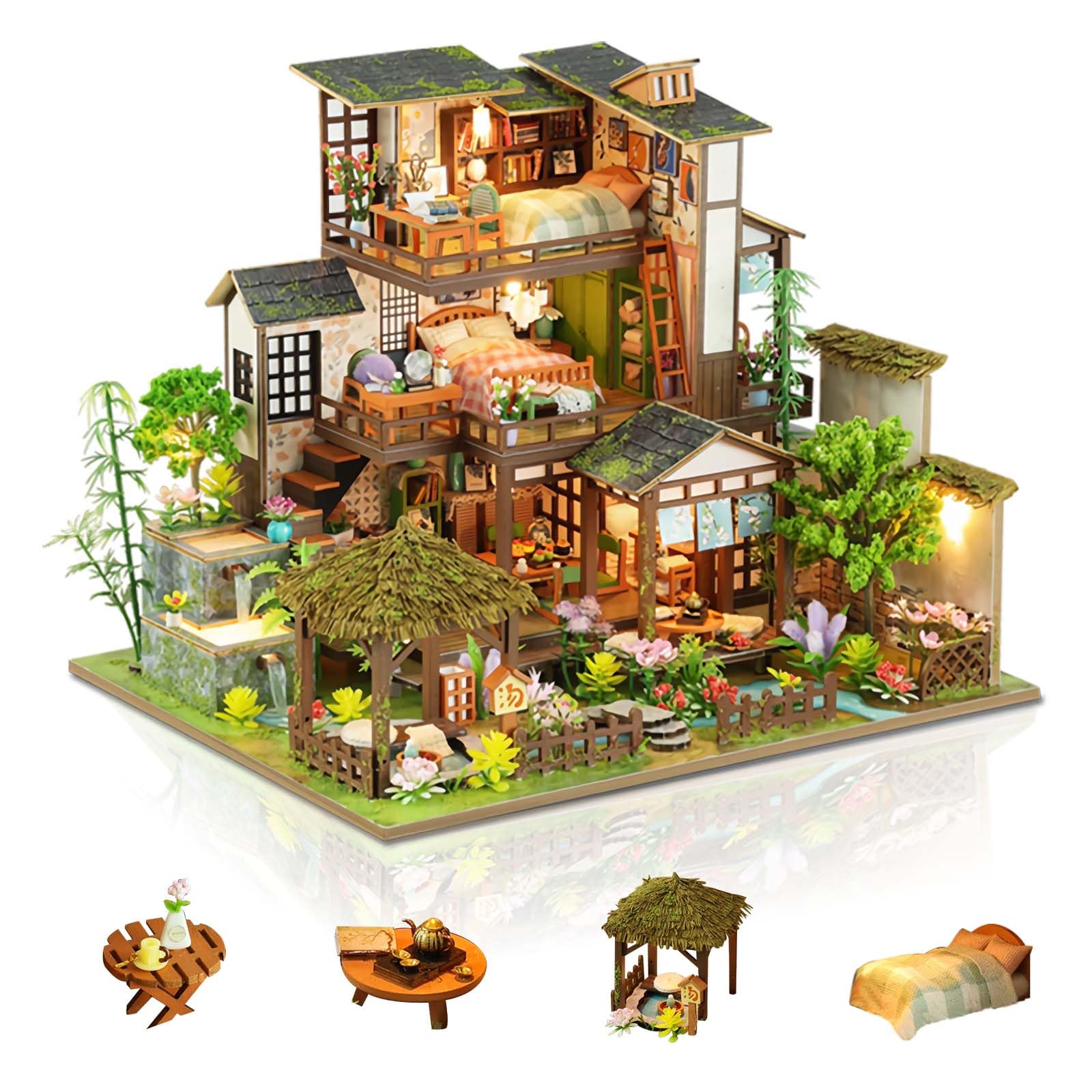 Foyucool DIY Miniature Dollhouse Kits, Miniature House Kit, Doll House Kits for Adults to Building, Unique Gift for Birthday Father's Day, Bamboo Spring Courtyard