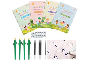 BYFWH Magic Practice Copybook Set,Reusable Grooved Handwriting Book for Preschool Kids Age 3-8 Calligraphy with a Storage Bag (4 Books with Pens) (5.24 * 7.17 inch)