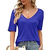Sherosa Womens T Shirts V-Neck Half Sleeve Loose Fit Shirts Casual Solid Basic Tops