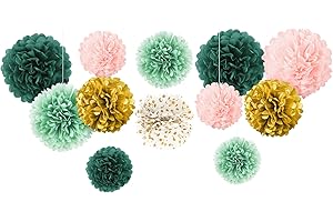 AOBKIAT Decorations Tissue Paper Pom Poms - 12 PCS Green Sage Pink Flower Pom Pom Kit for Engagement Party Wedding Birthday B