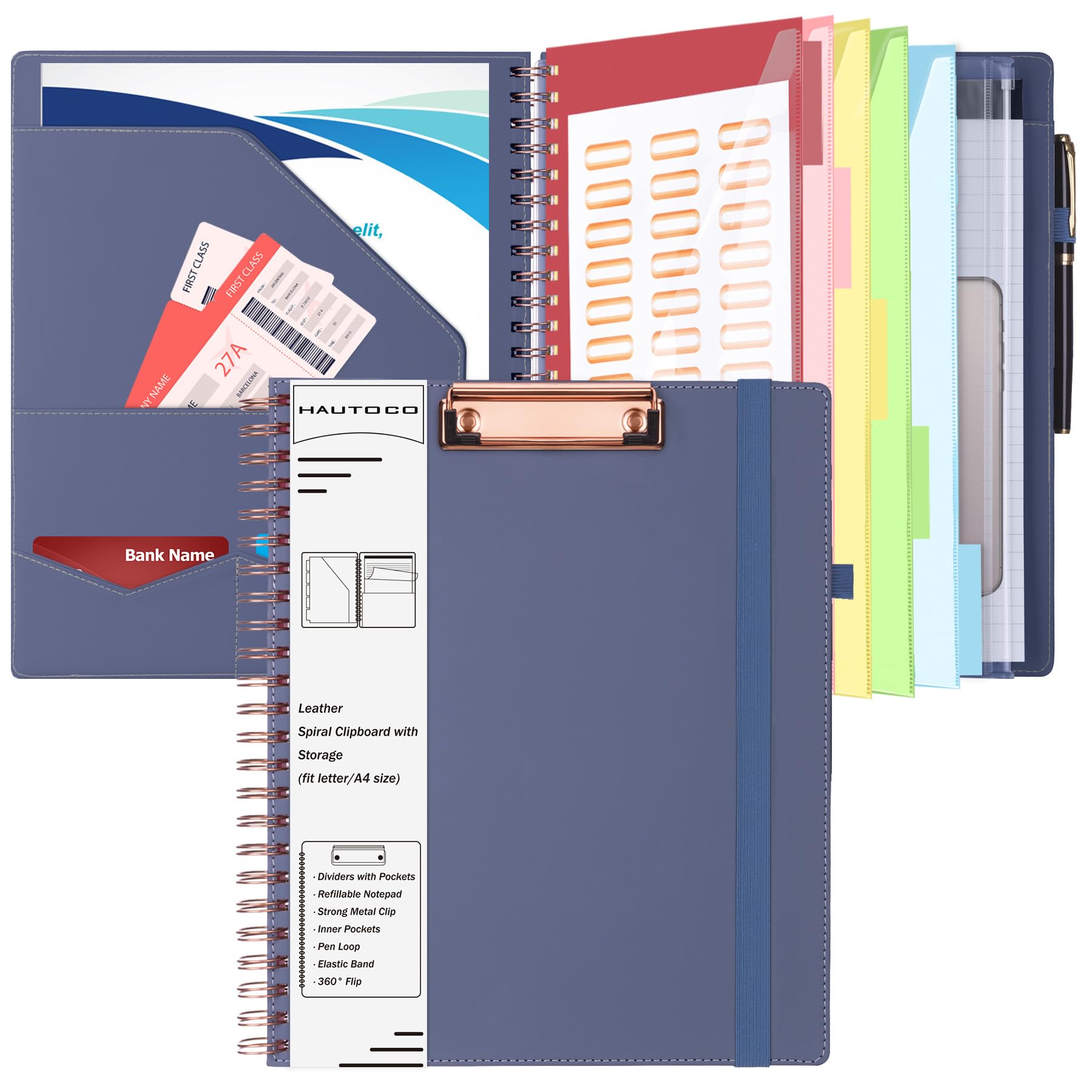 HAUTOCO Clipboard Folder with Storage Zip Bag, Spiral Clipboard Folio with Refillable Lined Notepad, 5 Folders Dividers with 10 Pockets, Leather Clip Board Portfolio for Office School, Purple Gray