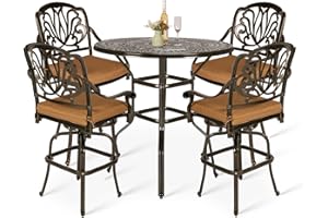 VIVIJASON 5-Piece Patio Swivel Bar Stools Set, All Weather Cast Aluminum Outdoor Bar Height Bistro Set with 4 Cushioned Bar Chairs & 38.5" High Bar Table w/Umbrella Hole for Backyard, Lawn, Garden