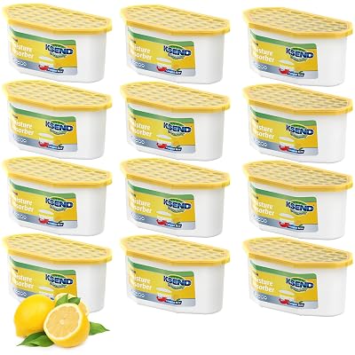 Ksend Moisture Absorbers, 12 Pack, Compact Dehumidifier for Closet, Efficient Humidity Absorber Boxes, Moisture Absorber for Closet, Odor Eliminator with Lemon Fragrance, Yellow, 6.4oz, 300ml