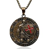Yumikoo Knights Templar Necklace Medieval Knight's Shield Pendant Necklace - Antique Bronze Pendant with Red Enamel Cross Put on the Full Armor of God Ephesians 6:13-17