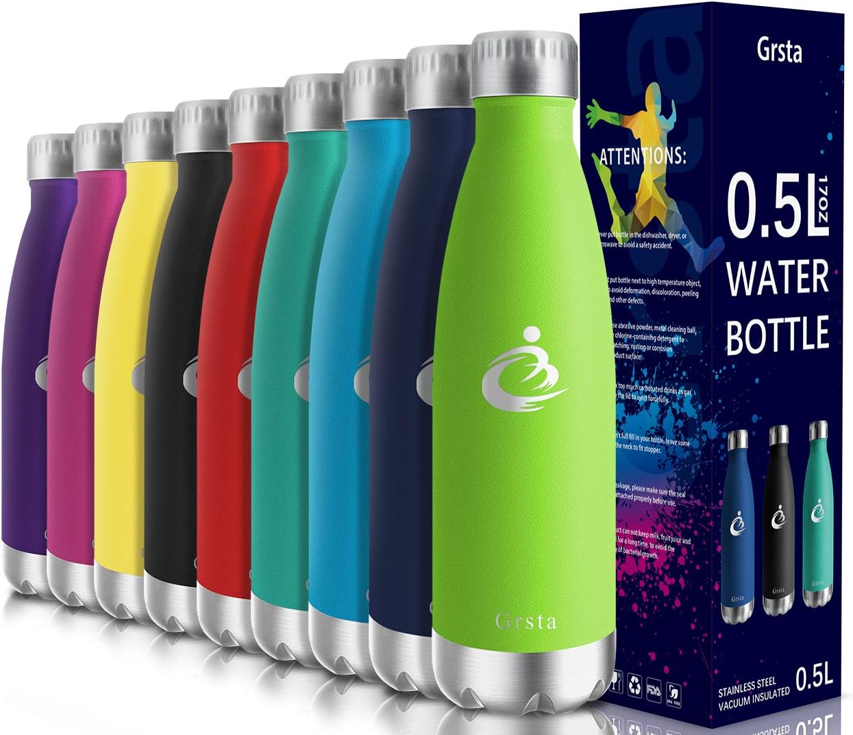 Grsta Stainless Steel Water Bottle, Vacuum Insulated Bottles 500ml/Green, BPA Free Reusable Drinks Bottle - 12 Hours Hot & 24 Hours Cold, Leakproof Flask for Kids, Sports, Home, School, Cafe