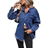 LifeShe Oversized Jean Jacket for Women Button Down Distressed Frayed Hem Shacket Loose Denim Shirt