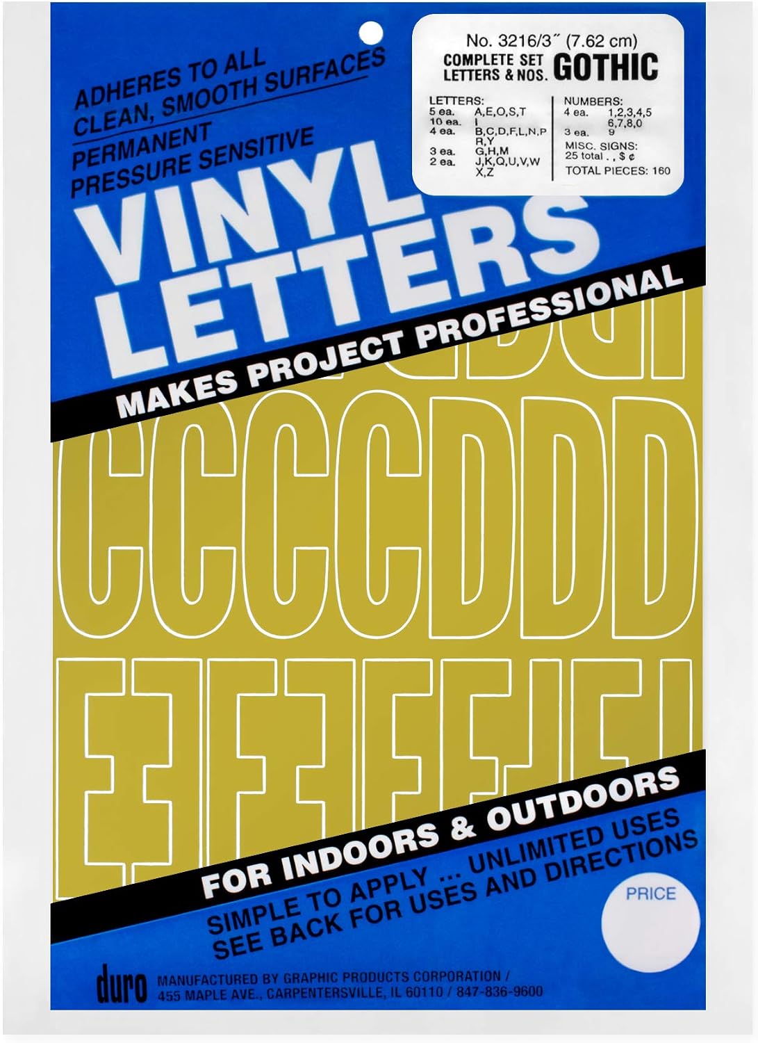 Graphic Products 3216-D Permanent Adhesive Vinyl Letters & Numbers 3" 160/Pkg-Gold
