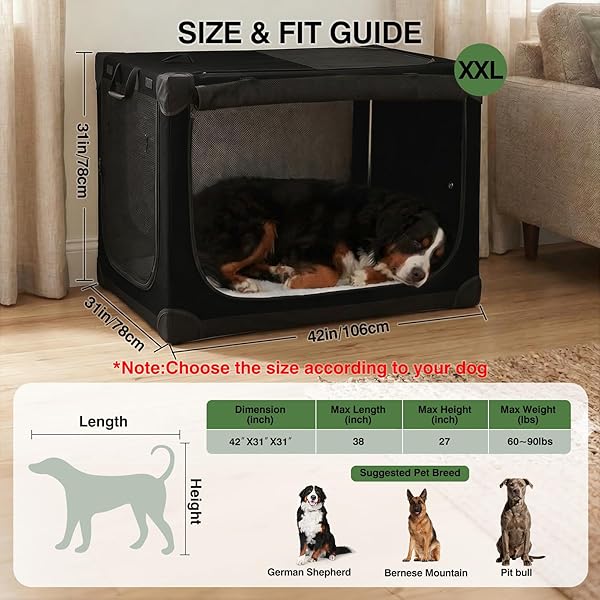 VERASTE 42″ L X 31″ W X 31″ H COLLAPSIBLE TRAVEL DOG CRATE, QUICK-SETUP PORTABLE SOFT DOG KENNEL FOR LARGE DOGS UP TO 90 LBS, 4-DOOR FOLDABLE TRAVEL CRATE WITH STORAGE BAG, BLACK