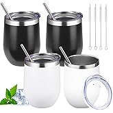 12oz Stemless Wine Tumbler with Lid Double Wall Insulated Wine Cup Stainless Steel Glasses Tumbler with Straw Insulated cocktail Tumbler Coffee Mug for Hot and Cold Beverages (Multicolor-7,4Pack)
