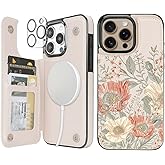 uCOLOR for iPhone 16 Pro Max 6.9" Wallet Case Magsafe with Card Holder Slot【Compatible with MagSafe】 Folio Flip PU Leather Double Magnetic RFID Design with Camera Lens Protector (Pink Vintage Flowers)