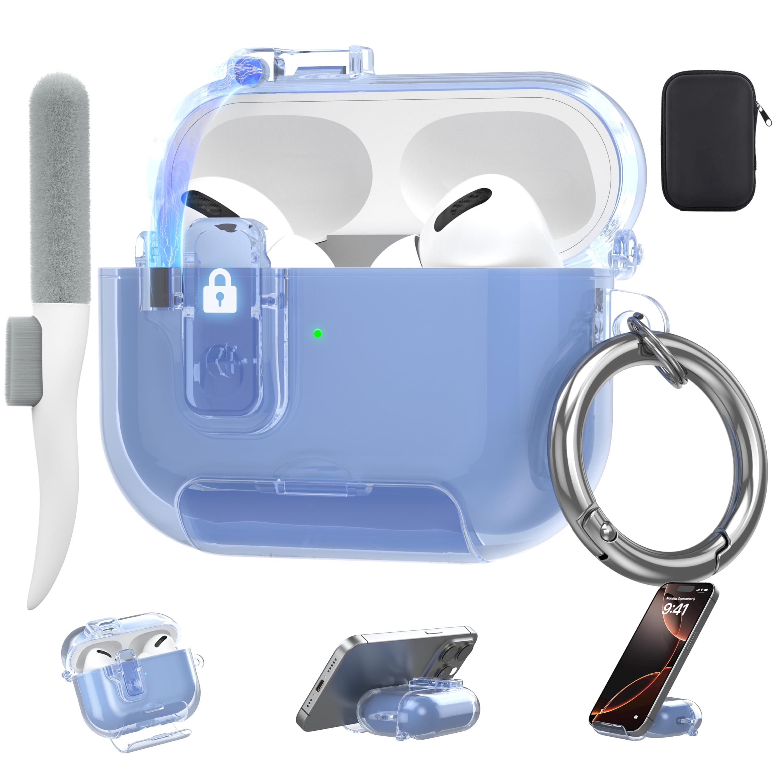 Photo 1 of ?Upgrade? Valkit for Clear Apple Airpods Pro 2/1 Cases Magnetic Lock 2025 Women,TPU Transparency Air pods Pro 2/1 Gen with Bracket Cases iPods Pro Earbuds Case Keychain for AirPod Pro 2 Gen(Blue)