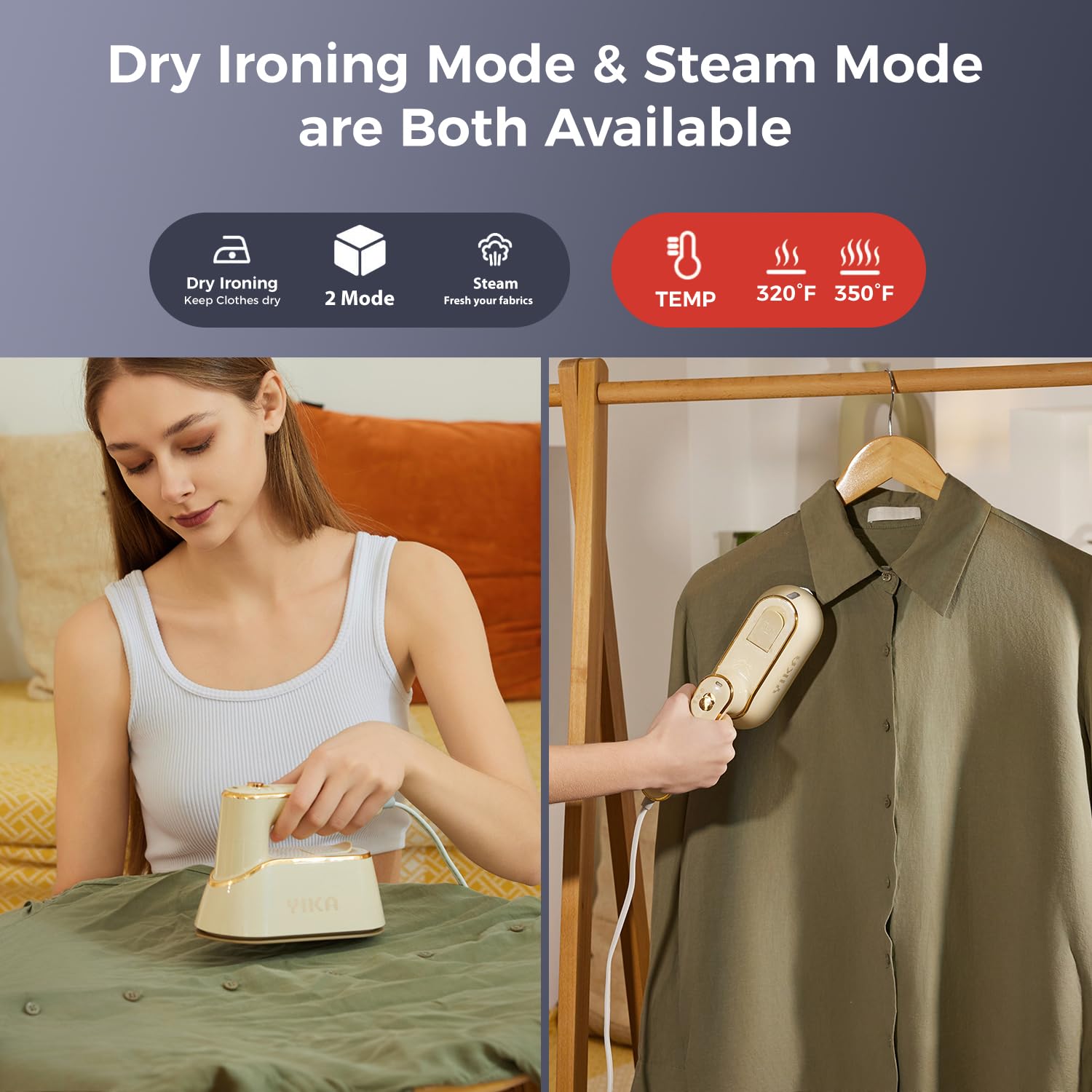 YIKA Steam Iron for Clothes, Handheld 2-in-1 Garment Iron steamer, 25s Heat Up, Ceramic Soleplate, Dry Pressing & Steaming Fabric Wrinkle Remover for Clothing, Upholstery and All Fabrics