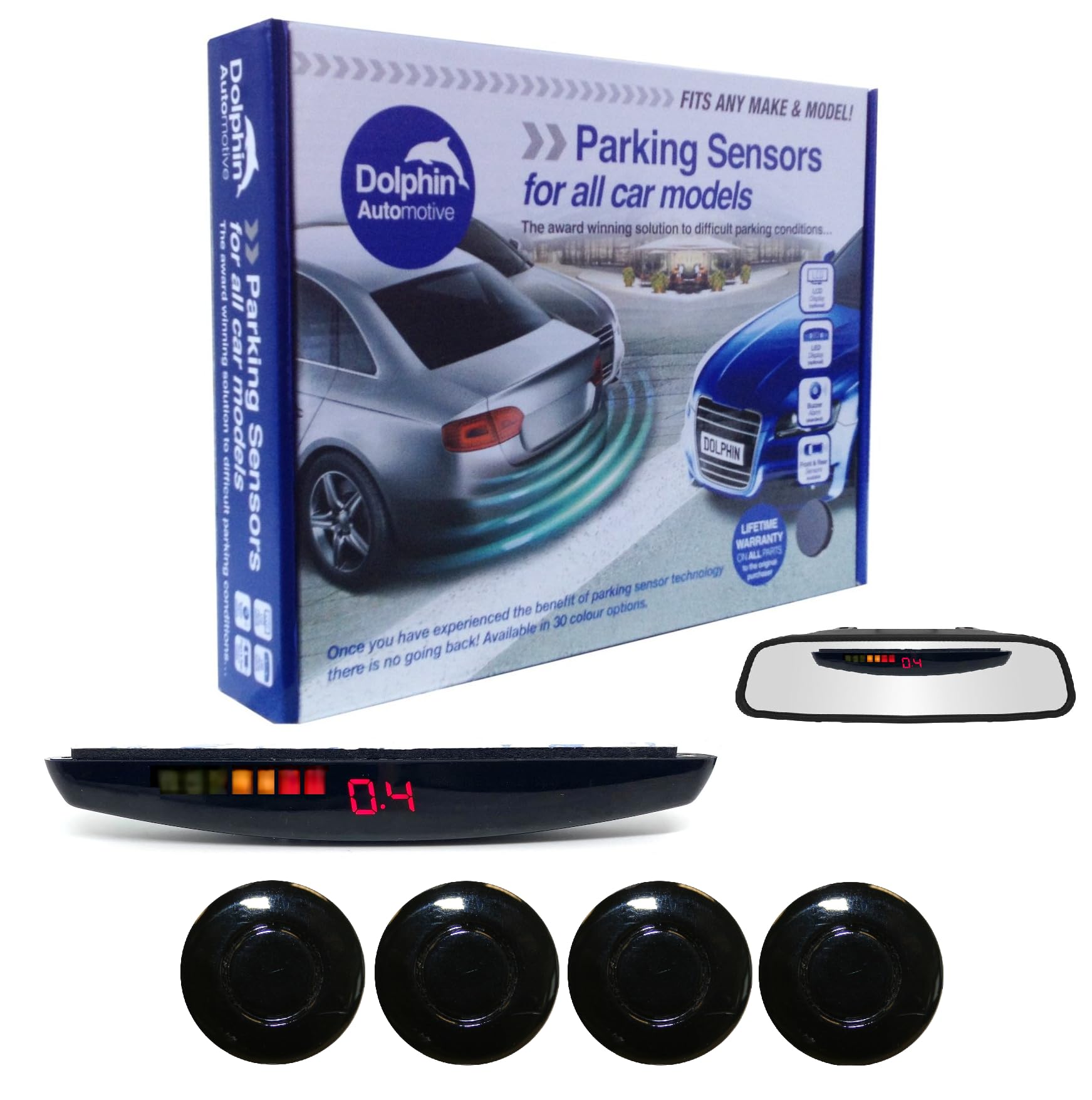 Dolphin DPS455 Reverse Parking Sensors In 32 Colours 4 Ultrasonic Radar Sensors Kit Audio & Rear Roof Mounted Display Alert System Matt & Gloss Black +30 More Colours (Gloss Black)
