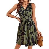 SweatyRocks Women's Printed V Neck Dress Sleeveless A Line Smocked Vacation Dresses