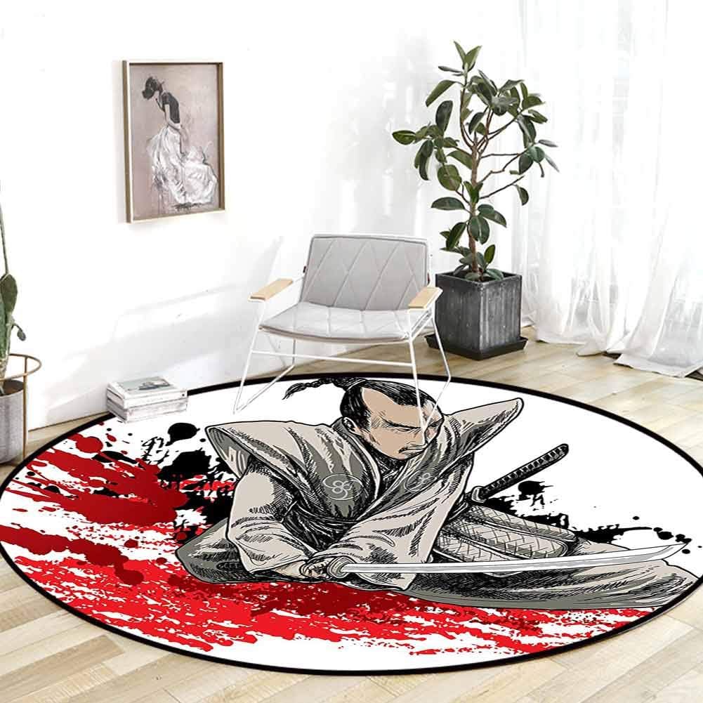 Bedroom Rug Japanese Decor Collection A Warrior Holding a Katana in Ninja Clothes on Grunge Background Ancient Battle Theme Red Brown Carpet Spots for Classroom 3'Round